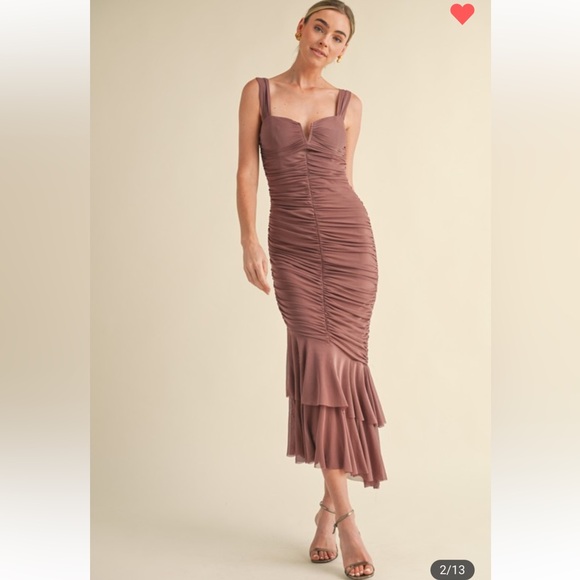 #155 RUCHED SOLID MESH FISH TAIL MIDI DRESS - Picture 2 of 7